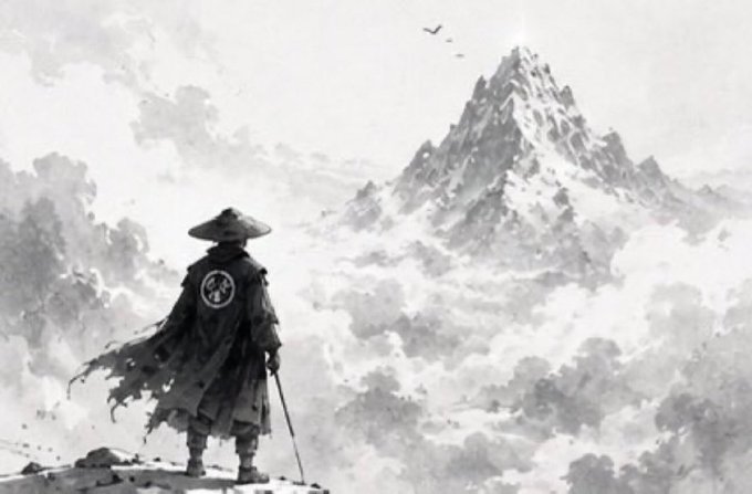 A lone figure in a wide-brimmed hat and flowing cloak with a circular emblem stands on a cliff's edge, gazing toward a snow-capped peak rising above the clouds in this ink-wash style illustration. The image evokes a sense of pilgrimage or hopeful ascent, mirroring the post's sentiment of "$ansem" leading followers out of the "trenches" toward higher ground.