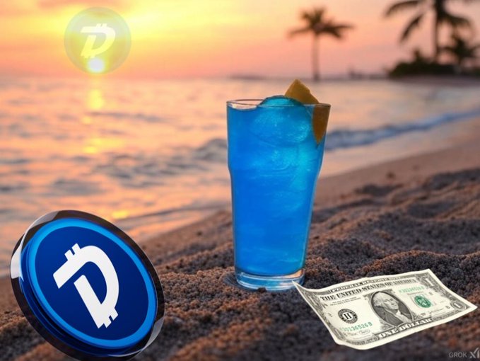 A blue cocktail sits on a sandy beach at sunset, with a Dogecoin logo and a one dollar bill placed in the sand, and a 'GROK' watermark in the corner.