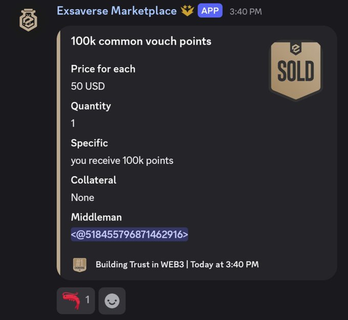 An Exsaverse Marketplace Discord screenshot showing a 'SOLD' listing for '100k common vouch points' at 50 USD with a middleman @518455796871462916.