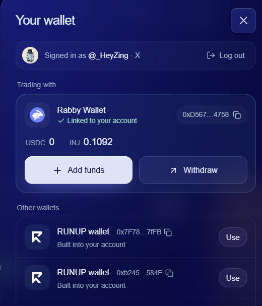 A digital wallet interface displays 'Your wallet' for user '@_HeyZing' connected via X, showing a linked Rabby Wallet with a balance of 0 USDC and 0.1092 INJ, alongside options to 'Add funds' or 'Withdraw'.