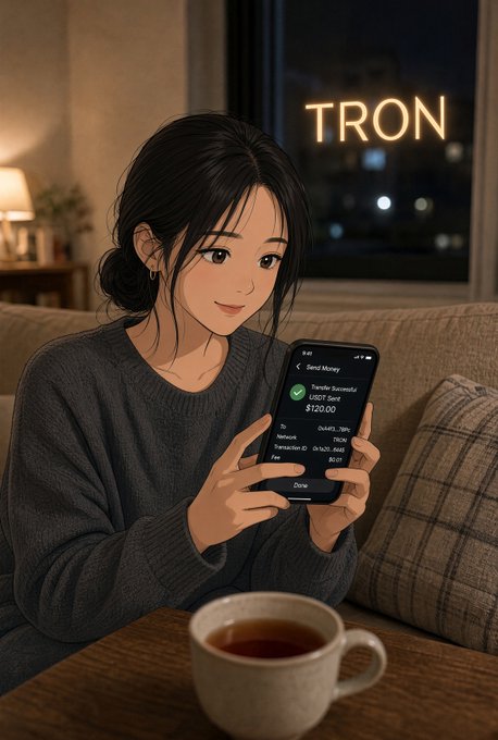 An anime-style illustration of a woman on a couch holding a phone displaying a 'TRON' transaction, with a neon 'TRON' sign in the background.