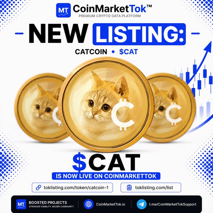 A CoinMarketTok promotional graphic announcing a new listing for CATCOIN ($CAT), featuring three gold cat coins with a price chart arrow and links to toklisting.com.
