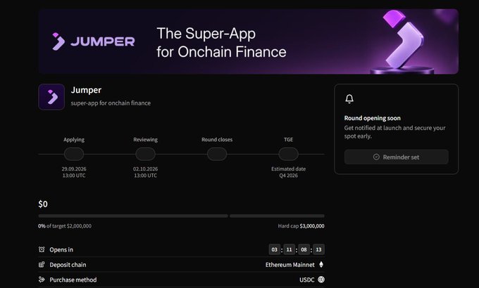 Jumper Exchange promotional page for their super-app for onchain finance, showing token sale timeline: applying from 29.09.2026, review 02.10.2026, with USDC purchase method on Ethereum Mainnet.