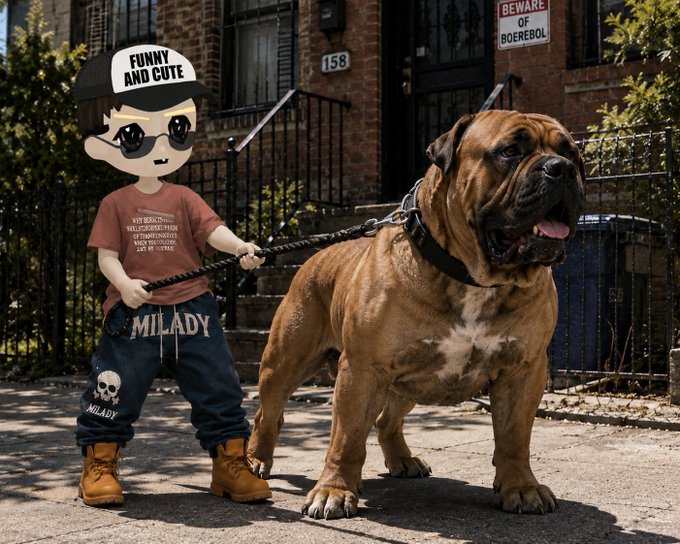 A cartoon child wearing a "FUNNY AND CUTE" cap and "MILADY" sweatpants stands next to a massive Boerboel dog in front of house "158," with a "BEWARE OF BOERBOEL" sign above—fitting the weekend "gm" vibe and $CULT crypto meme aesthetic.