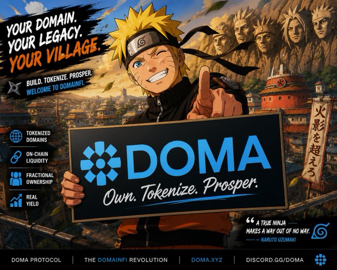 A promotional graphic for 'DOMA Protocol' featuring Naruto Uzumaki pointing forward, advertising tokenized domains with the tagline 'Your Domain. Your Legacy. Your Village.' and a fake quote attributed to Naruto: 'A true ninja makes a way out of no way.'