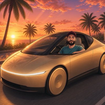 A cartoon-style digital illustration shows a smiling man with a beard driving a futuristic, cream-colored car along a road with palm trees and a vibrant sunset in the background.