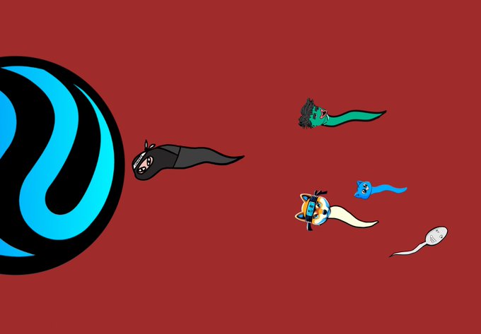 A cartoon illustration on a red background featuring a large black and blue swirl character on the left and several smaller creatures with long tails swimming toward it.