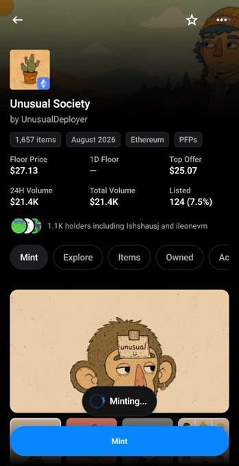 Mobile screenshot of an NFT marketplace showing the 'Unusual Society' collection by UnusualDeployer, with 1,657 items, August 2026, on Ethereum, floor price $27.13, and a mint button being clicked.