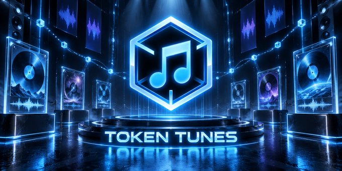 A blue neon-lit promotional graphic for "Token Tunes" featuring a music note inside a hexagonal shield logo on a stage.