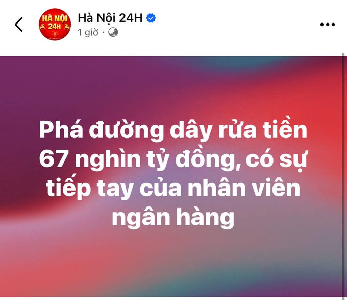 The image shows a Facebook post from "Hà Nội 24H" featuring a headline in Vietnamese that reads "Phá đường dây rửa tiền 67 nghìn tỷ đồng, có sự tiếp tay của nhân viên ngân hàng," which translates to "Breaking up a money laundering ring worth 67 trillion VND, with complicity from bank employees" — matching the accompanying caption about Da Nang police busting a massive money laundering operation involving bank staff.
