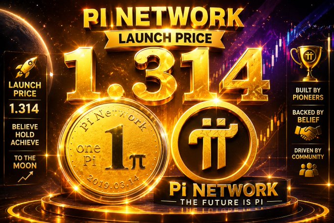 A promotional graphic for 'Pi NETWORK LAUNCH PRICE 1.314' featuring a large golden '1' coin, with slogans like 'Believe Hold Achieve,' 'To The Moon,' and 'The Future is Pi.'