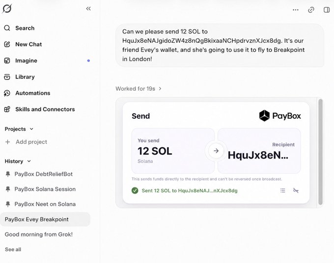 A user successfully sends 12 SOL via PayBox to recipient HquJx8eNAJ...nXJcx8dg for Evey's trip to Breakpoint London.