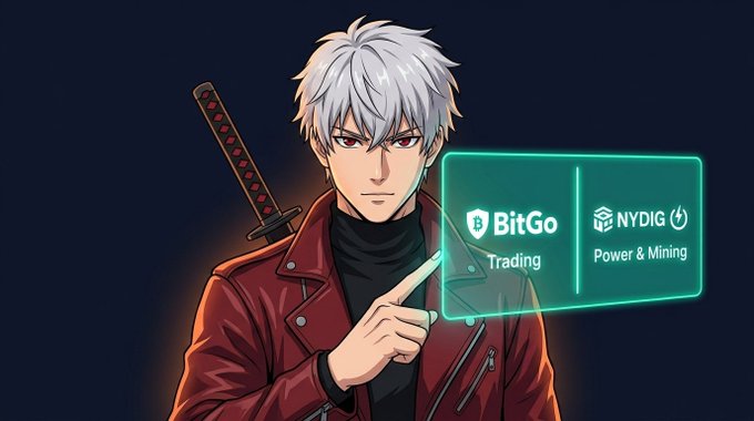 An anime-style character with silver hair and a katana points at a glowing green interface displaying the logos for 'BitGo Trading' and 'NYDIG Power & Mining'.