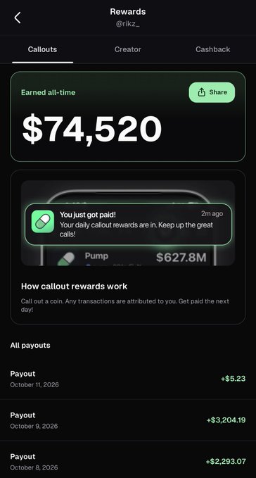 A mobile app screenshot showing Rewards for user @rikz_ with total earnings of $74,520, recent payouts, and a callout from 'Pump' for $627.8M.