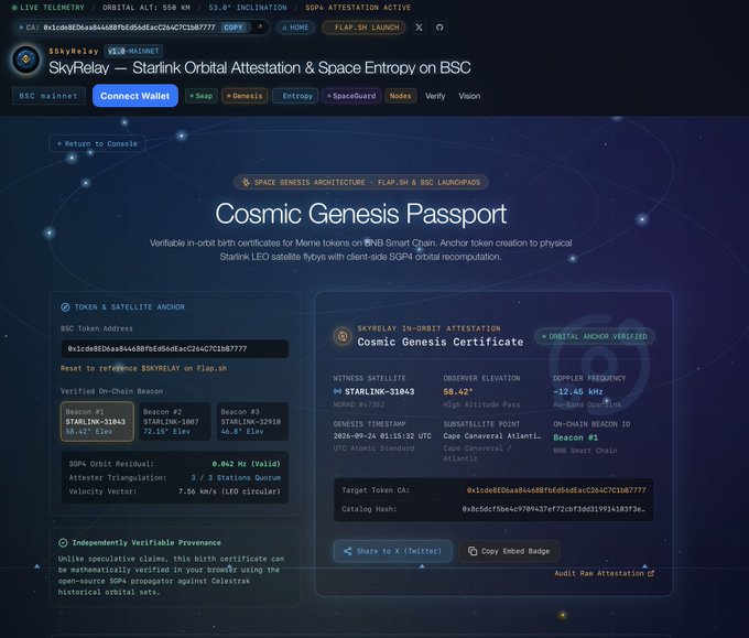 The SkyRelay 'Cosmic Genesis Passport' interface showing Starlink Orbital Attestation & Space Entropy on BSC, with on-chain timestamp, observer elevation, and a SHA1 verification hash.