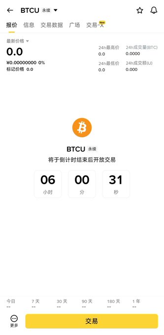 A mobile trading app screen for BTCU (永续) showing a countdown of 06 hours, 00 minutes, 31 seconds until trading opens.
