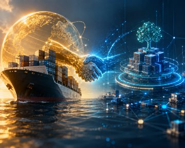 A digital artwork showing a handshake between a cargo ship and a futuristic cityscape with a glowing tree, representing global trade or AI.