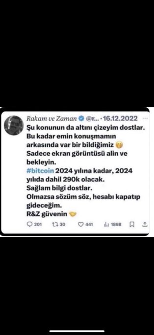 A screenshot of a Turkish-language tweet from 'Rakam ve Zaman' dated 16.12.2022, mentioning bitcoin reaching 290k by 2024, which has received 441 likes and 1866 retweets.