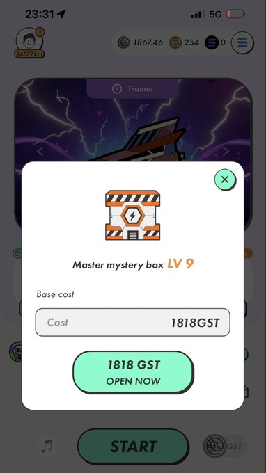 iphone screen displays a game interface with a purple background, orange and white lightning bolt, and text for "Master Mystery Box" and "1818 GST".