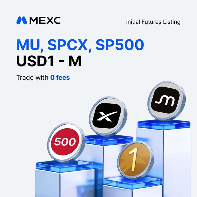 MEXC promotional graphic announcing the initial futures listing for MU, SPCX, SP500, and USD1 - M pairs with 0 fees, featuring stylized 3D tokens of each ticker and the MEXC logo. The image aligns with the post's message by showcasing the USD1 trading pairs available on MEXC for real-world futures trading in partnership with World Liberty Financial.