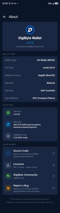 An 'About' screen for DigiByte Wallet v0.9.35 (BIP64 HD Wallet, SegWit, Mainnet, Self-Custodial) displaying build info including vendor v4.0.35, security AES-256-GCM seed encryption, and links to source code, licenses, community, and bug reports.