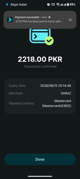 A Bitget Wallet payment confirmation screen showing a successful transaction of 2218.00 PKR paid to Daraz via Mastercard, dated 2026/08/15.