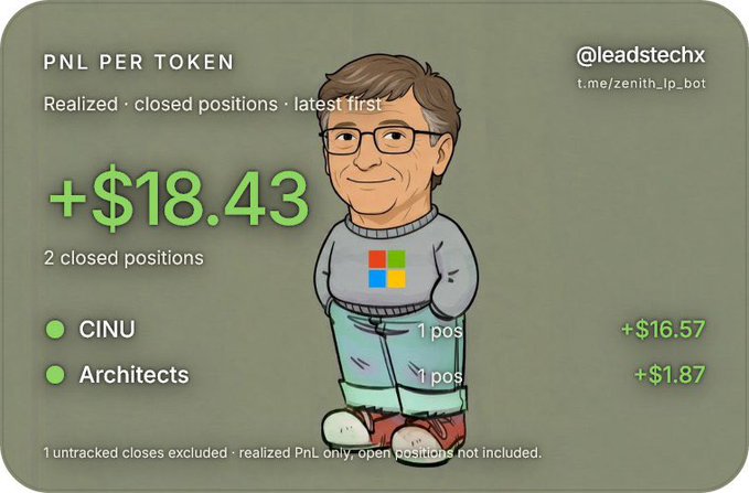 A cartoon image styled after Bill Gates wearing a Microsoft sweater displays a PNL per token summary of +$18.43 from 2 closed positions, including gains of +$16.57 from $CINU and +$1.87 from $Architects ($ARC), with a Telegram handle @leadstechx referenced in the corner. The image relates to the post by showcasing the realized profit from the small $10 LP trial in $ARC, reinforcing the advice to take profits while the gains are still positive.