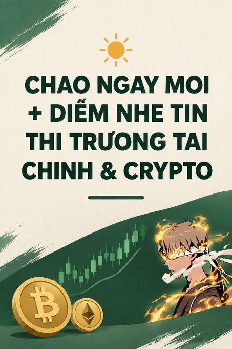 A graphic greeting viewers 'CHAO NGAY MOI + DIEM NHE TIN THI TRUONG TAI CHINH & CRYPTO' (Good morning + light financial and crypto market news), featuring Bitcoin/Ethereum coins, candlestick charts, and an anime-style character.