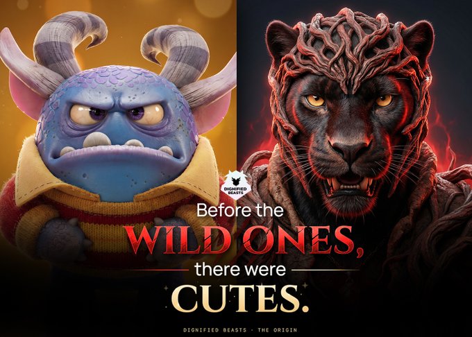 A promotional image from Dignified Beasts titled "Dignified Beasts - The Origin," featuring the tagline "Before the WILD ONES, there were CUTES," contrasting a cartoonish blue horned creature in a yellow sweater on the left with a fierce, dark-furred beast on the right to illustrate the evolution of the brand's characters from cute original designs to their fiercer modern counterparts.