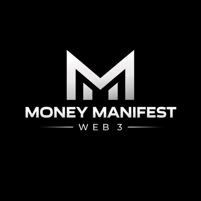 The image shows the "Money Manifest Web 3" logo, featuring a stylized metallic "M" emblem above the brand name in silver text on a black background. This serves as the branding/promotional image for the $100 Solana giveaway, identifying the "Money Manifest" channel mentioned in the post on t.me/moneymanifestc.