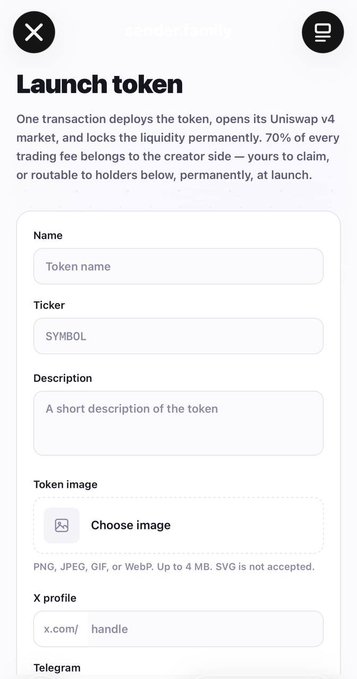 A 'Launch token' interface from a crypto platform explaining that one transaction deploys the token, opens its Uniswap v4 market, and locks liquidity permanently, with 70% of fees going to the creator. The form includes fields for Name, Ticker, Description, Token image, X profile, and Telegram.