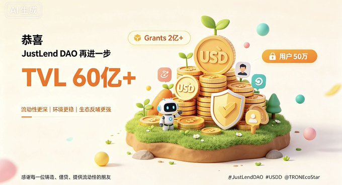 A celebratory promotional graphic announcing JustLend DAO's milestone achievements, featuring golden USD coin stacks on a grassy platform with a robot character, displaying key metrics: "TVL 60亿+" (TVL $6B+), "Grants 2亿+" (Grants $200M+), and "用户50万" (500K users), alongside hashtags #JustLendDAO #USD #TRONEcoStar—visually reinforcing the post's praise for the protocol's surpassing growth in TVL and grants funding.