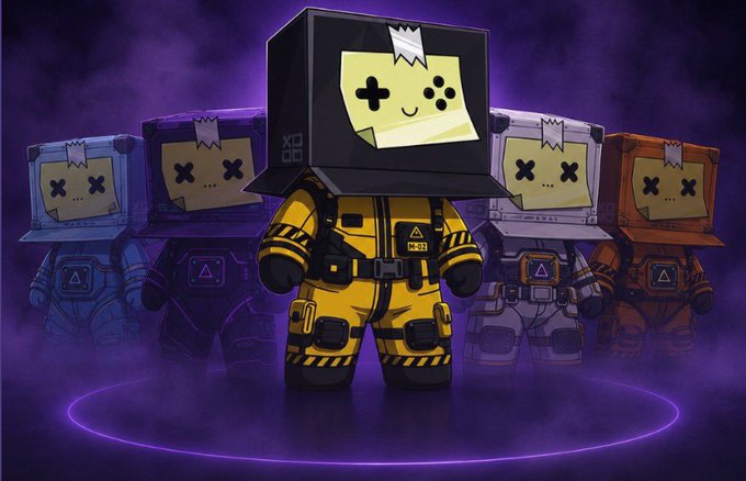 A row of five small, box-headed characters in colorful hazmat suits stand against a dark purple background, with the central yellow character featuring a game controller face design.