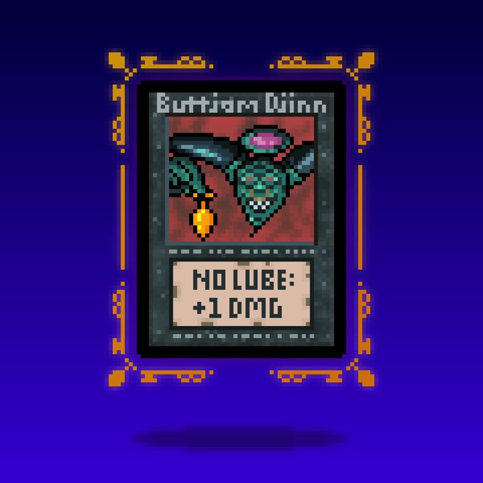 A pixel-art trading card titled 'GuttjaM Winn' depicting a green, multi-limbed monster, with text reading 'NO LUGE: +1 DMG'.