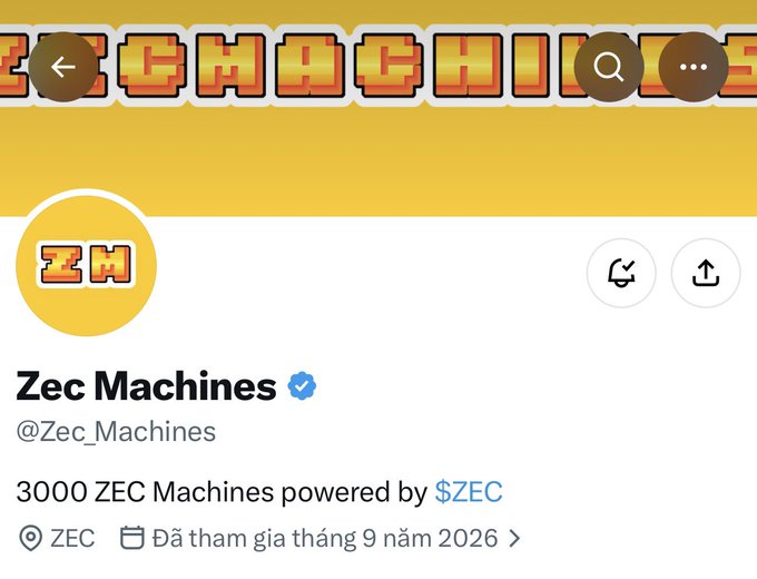 A Twitter/X profile page for "Zec Machines" (@Zec_Machines) with a verified blue checkmark displays the bio "3000 ZEC Machines powered by $ZEC" and indicates membership since September 2026.