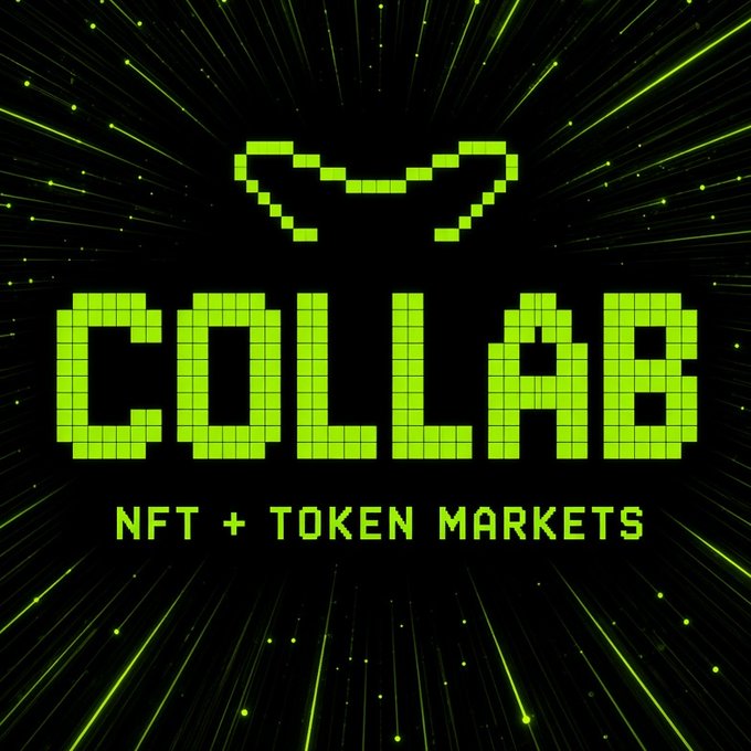 A pixelated neon green logo for "COLLAB NFT + TOKEN MARKETS" is displayed against a black background with radiating light streaks and a sunglasses-like pixel icon above the text, promoting collaboration opportunities for NFT and token projects to create prediction markets on Sight's platform.