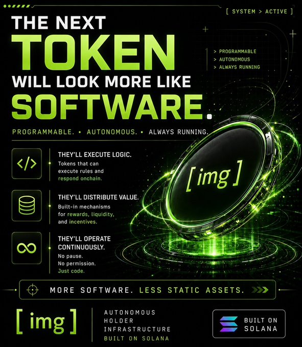 The image features a green circle with an "IMG" logo at its center, surrounded by various icons related to software development. The text above the image reads "The next token will look more like software. They'll execute value. Built-in static assets. Always running." This suggests that the image is promoting a new type of software or token that has been designed with a focus on automation and efficiency, rather than traditional marketing tactics.