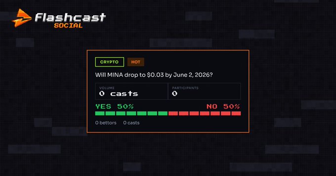 The image shows a screenshot of a FlashCast social media post that displays information about MINA's cryptocurrency drop. The post includes a chart with two bars, one green and one red, representing the amount of cryptocurrency being dropped each day from June 2nd through June 5th, 2026. The text in the post indicates that the cryptocurrency will drop to $0.03 by June 5th.