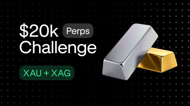 A promotional graphic for Kraken's "$20k Perps Challenge" featuring gold and silver bars, advertising an XAU + XAG perpetual futures trading competition with a leaderboard based on PnL rather than volume. The image visually reinforces the challenge's gold and silver trading focus through the metallic bars displayed alongside the text.