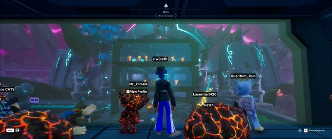 Screenshot from a virtual reality game showing multiple avatars including one with username 'siw0.6th' in a futuristic lobby area.