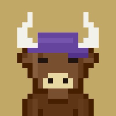 Pixel art image of a brown bull or cow character wearing a purple headband and sporting white horns against a tan backdrop.