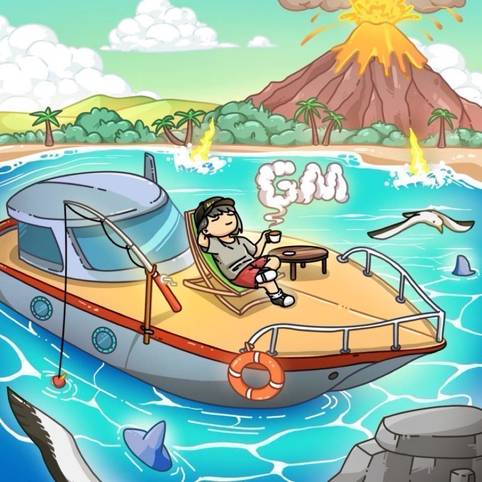 A relaxed cartoon figure lounges on a boat deck with a cup of coffee, with "GM" spelled out in steam rising from the cup, capturing a leisurely morning greeting amid a tropical scene featuring an erupting volcano.