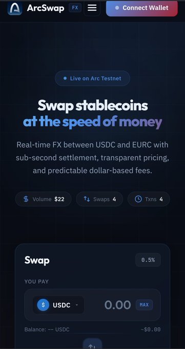 The image shows a phone screen displaying an ArcSwap app, which has been built for exchanging USDC and EURC stablecoins at the speed of money. The app provides real-time FX trading with a subsecond confirmation time limit, transparent pricing, and predictable dollar-based fees. It also offers a Liquidity Pool feature that allows users to add or remove liquidity from the pool as needed. The user interface is simple and straightforward, making it easy for anyone to use the app.