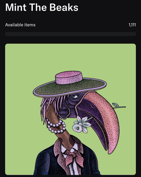 urn of pink flowers, purple bird with green hat and bowtie, black background