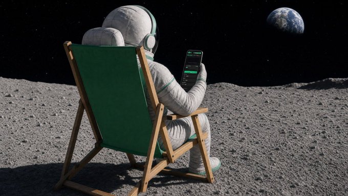 The image features a man wearing an astronaut suit, sitting in a green lawn chair with headphones on his head. He has a cell phone in front of him, possibly playing music or browsing the internet. The scene takes place outdoors, with a backdrop of a planet and stars visible in the distance. The post includes text that reads "+ reply wallet 5 wallets get 0.15 SOL".