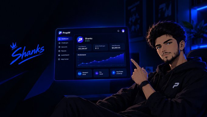 A digital illustration of a young man pointing at a screen displaying the 'Shanks' dashboard on the PropW platform, featuring metrics like Total Staking of $12,345.67 and a performance graph.
