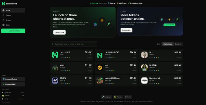A screenshot of the LaunchHUB website interface, showing a directory of token launches including Launch HUB, LAUNCHHUB CAT, Mnt, Multi, test, NL87661, DPIYOW, Launch HUB Pepe, and Nominex Hub.