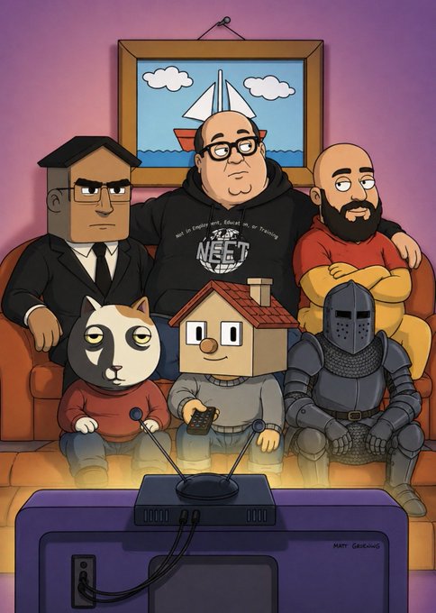 A cartoon illustration depicts three men on a couch above three characters—a cat, a house-headed figure, and a knight—watching television.