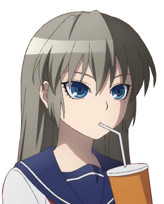 An anime-style illustration of a girl with long brownish-grey hair, striking blue eyes, and a beauty mark under her left eye, sipping from an orange soda cup through a straw while wearing a blue sailor uniform. The image serves as a "goodbye" reaction meme to the $MON cryptocurrency, humorously conveying a sense of dismissal or farewell as referenced in the post.