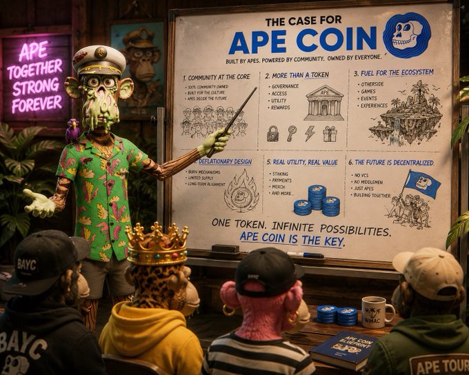 A Bored Ape character in a Hawaiian shirt and captain's hat presents a whiteboard titled 'THE CASE FOR APE COIN' to a group of NFT avatars, outlining community and token utilities with the slogan 'APE COIN IS THE KEY.'